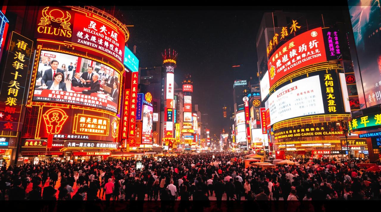 热搜吃瓜 - 人声鼎沸的资讯广场夜景